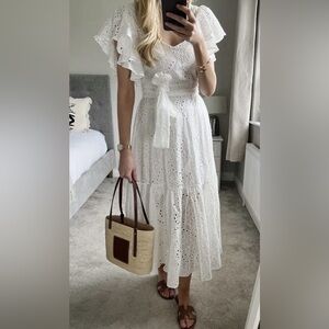 Zara White Embroidered Ruffle Sleeve Cotton Midi Dress Size Small